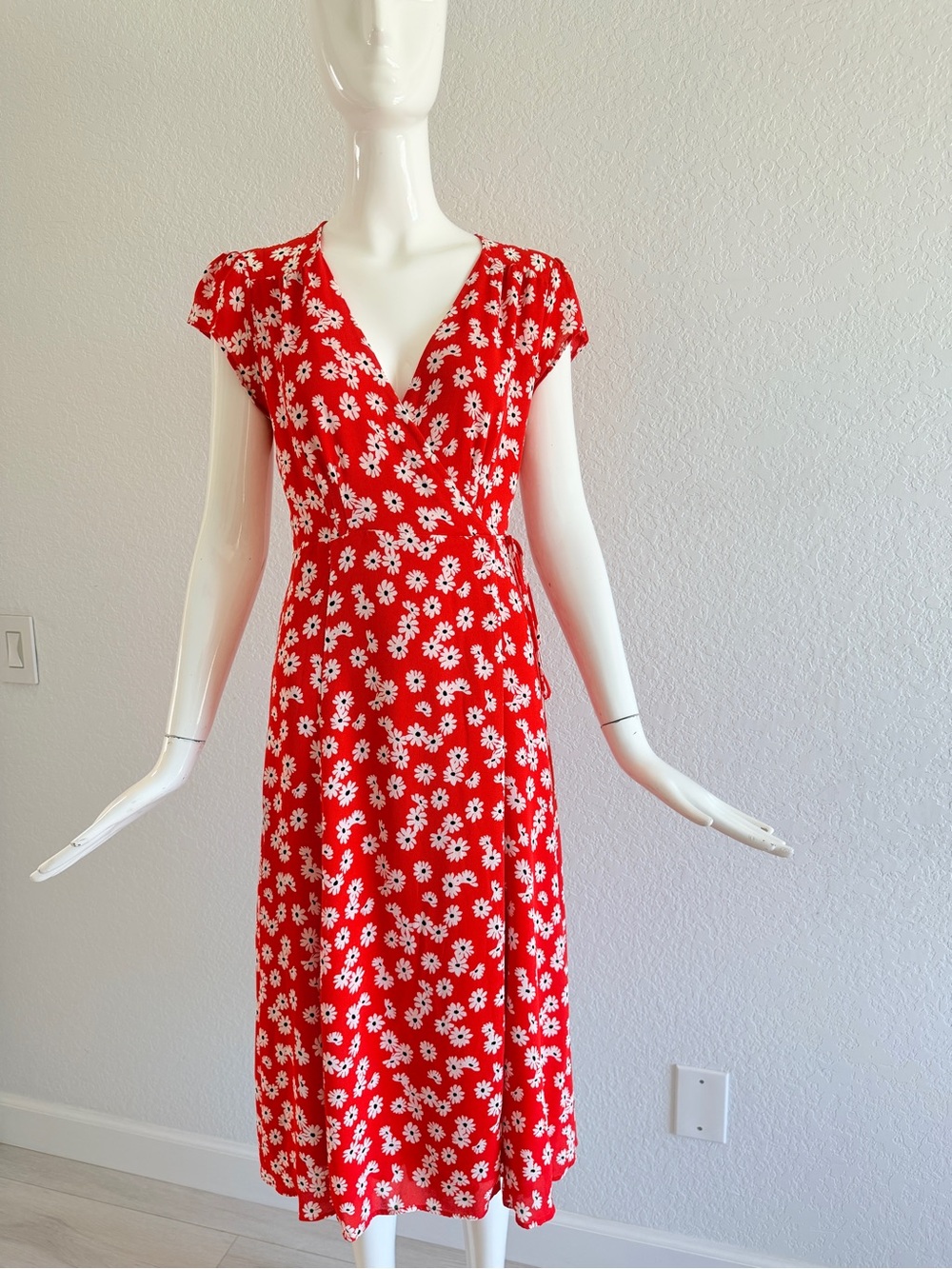 Reformation Red Daisy Wrap Midi Dress